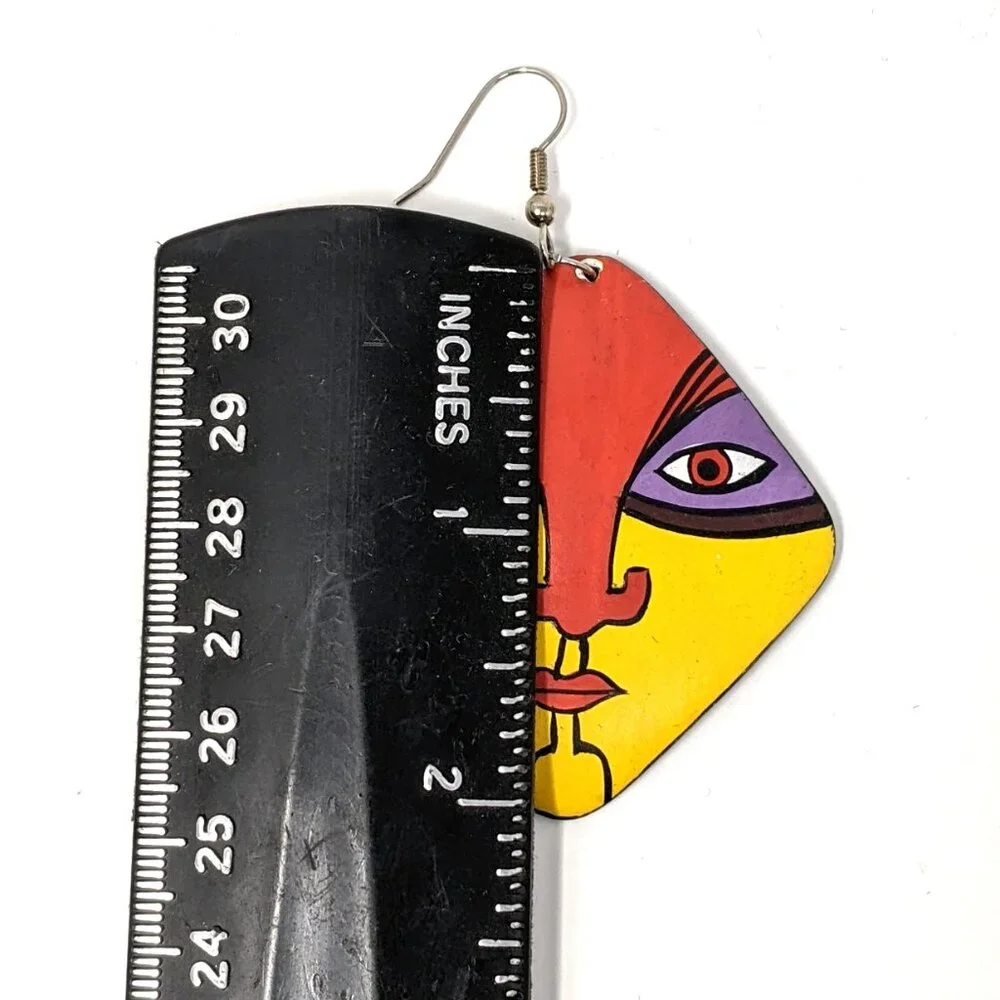 Artisan Painted Wood Dangle Earrings 80s Ethnic Tribal Mask 2" Vintage Festival - Picture 8 of 9